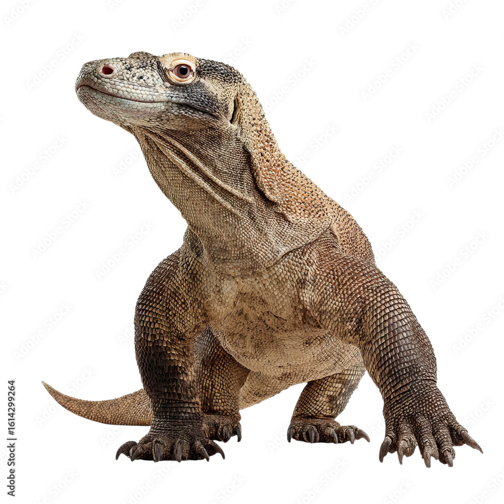 Obraz premium Png of A stunning Komodo dragon, showcasing its textured skin and powerful limbs, exudes an aura of ancient majesty in this captivating close-up.