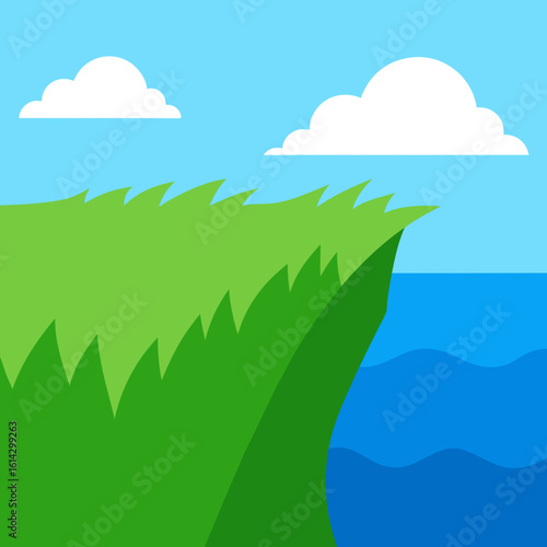 Green cliff overlooking blue water under cloudy sky