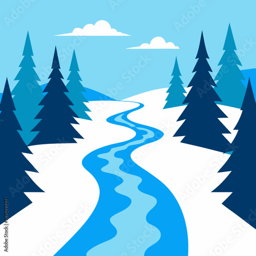Winding river through a snowy forest landscape