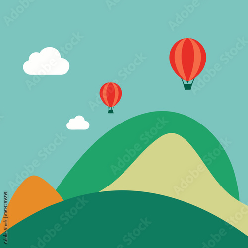 Hot air balloons ascend over rolling hills under a cloudy sky