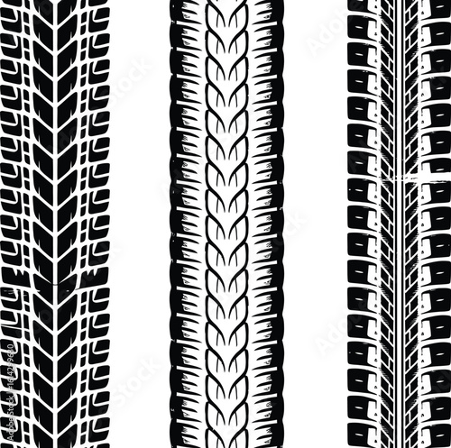 Set of three detailed black tire track patterns. A black and white vector graphic illustration on a white background.