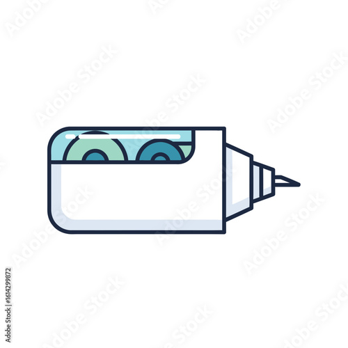 White correction tape dispenser with blue tape visible through a clear window.