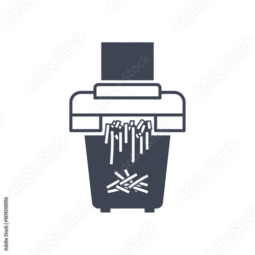 Paper shredder with shredded paper in the bin, depicted as a simple icon.