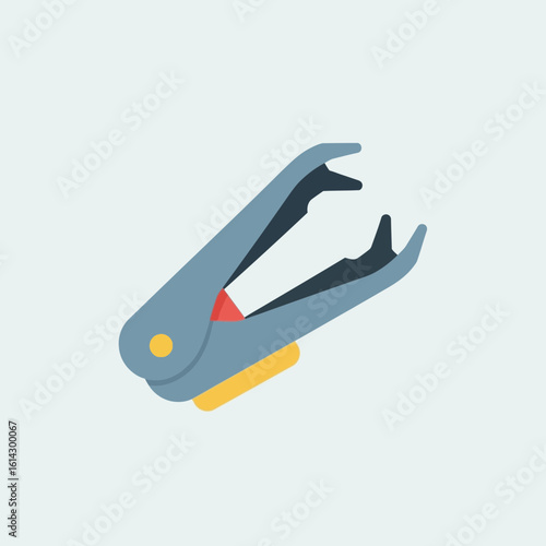 Blue staple remover with yellow and red accents on a light blue background.