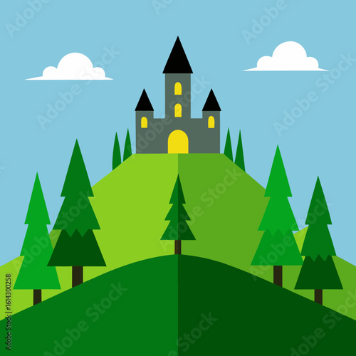 Fairytale castle on a green hillside with trees and clouds