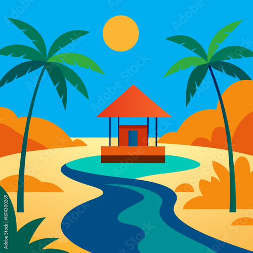 Tropical beach scene with gazebo and palm trees