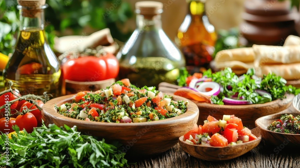 Fresh Organic Salad Ingredients with Olive Oil and Herbs Background Fresh Organic Salad Ingredients with Olive Oil and Herbs Background