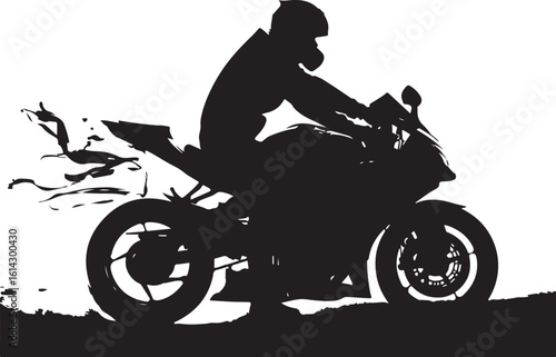 Motorcycle rider speed dust trails silhouette black white