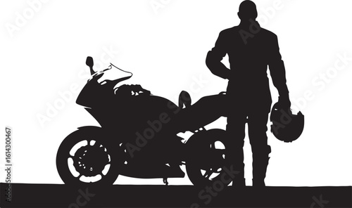 Rider and motorcycle silhouette helmet black and white