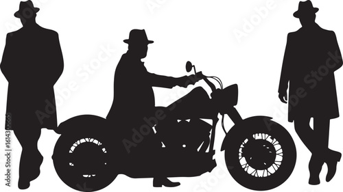 Silhouetted men fedora trench coat motorcycle black fedora hats