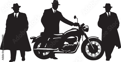Silhouetted men fedoras trench coats motorcycle fedora hats