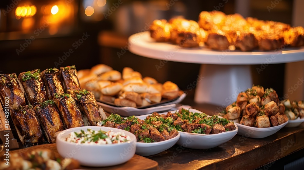 Obraz premium Delicious Array of Appetizers and Dishes at a Festive Gathering
