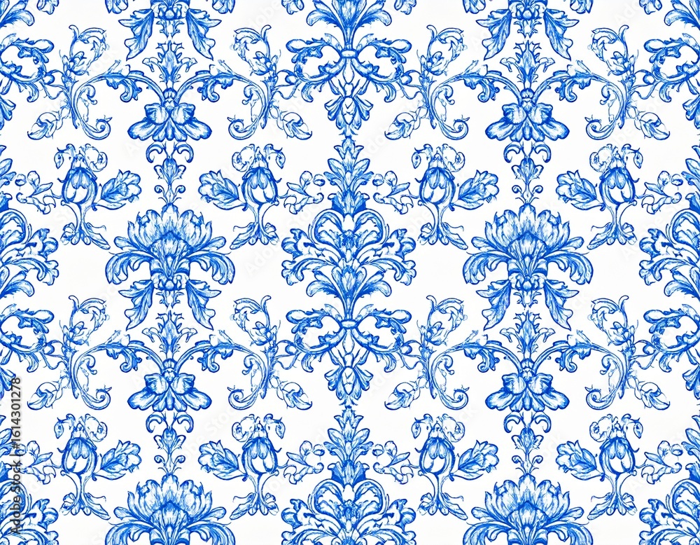 Obraz premium クラシックな青い花柄パターン（トワル・ド・ジュイ風） / Classic Blue Floral Pattern (Toile de Jouy Style) 