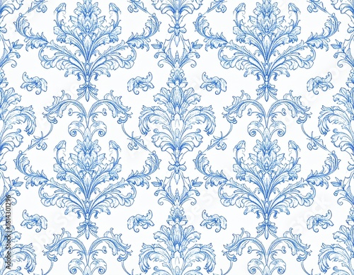 クラシックな青い花柄パターン（トワル・ド・ジュイ風） / Classic Blue Floral Pattern (Toile de Jouy Style)	