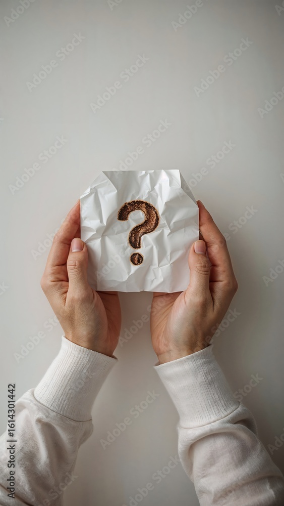 Fototapeta premium Hands gently hold a crumpled piece of paper bearing a question mark, symbolizing uncertainty or a query.