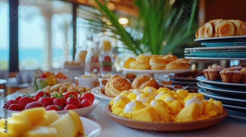 Colorful Breakfast Buffet with Fresh Fruits and Pastries on Display