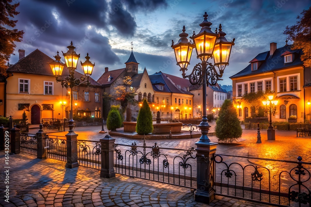 Fototapeta premium A charming european town square glows with warm light from ornate streetlamps on a dark evening, illuminating historic buildings and cobblestone streets