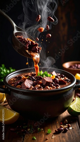 Aromatic feijoada presentation with floating beans and cinematic studio lighting