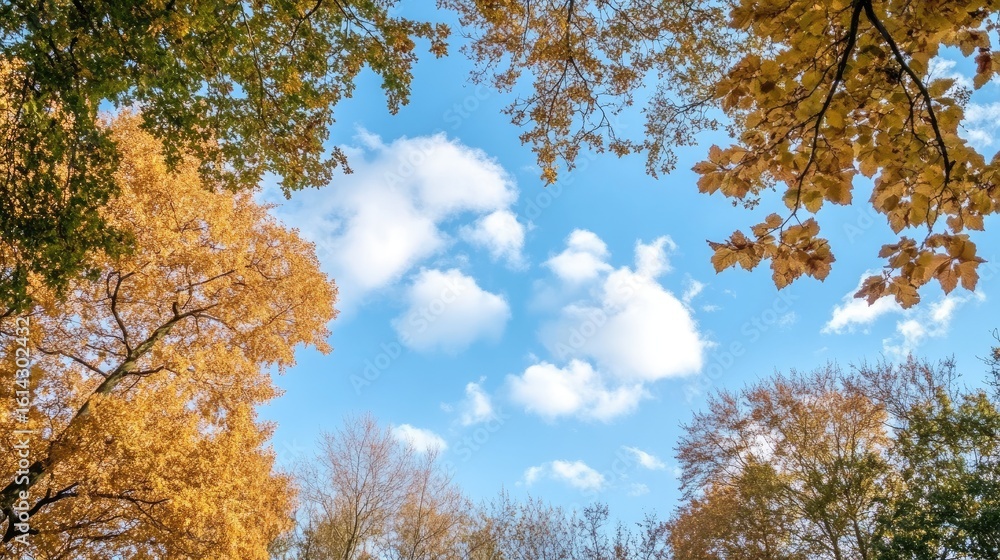 Fototapeta premium Autumn leaves frame a vibrant blue sky