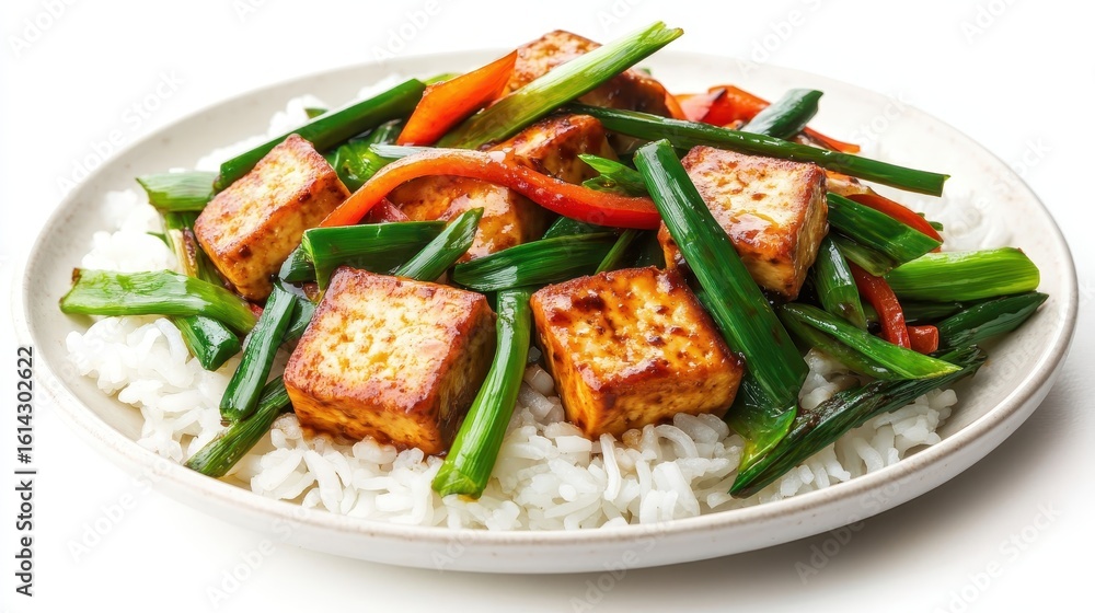 Colorful Stir-Fried Tofu with Vegetables on Jasmine Rice Dish Colorful Stir-Fried Tofu with Vegetables on Jasmine Rice Dish