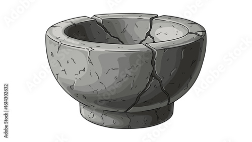 Ancient Stone Bowl Illustration with Cracks and Texture for Historical Designs or Fantasy Game