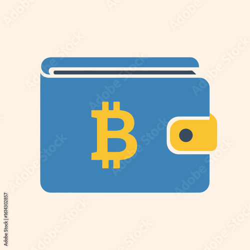 Blue wallet with a gold bitcoin symbol and gold button on a cream background.