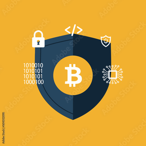 Bitcoin symbol on shield with digital security icons against yellow background.