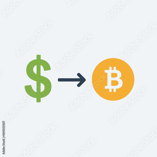 Dollar sign converts to bitcoin currency on a light background.