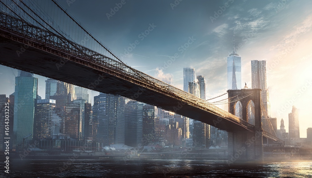 Obraz premium Image of Brooklyn Bridge spanning East River with Manhattan downtown skyline in the background. Crisp, clean look on white background. Concept of urban architecture. High quality