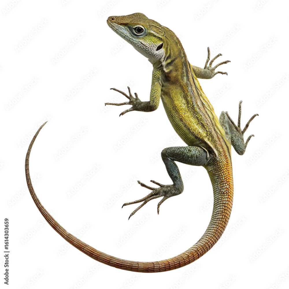 Obraz premium Png of A vibrant green lizard with intricate patterns perched gracefully on a branch, showcasing its detailed scales and long tail.