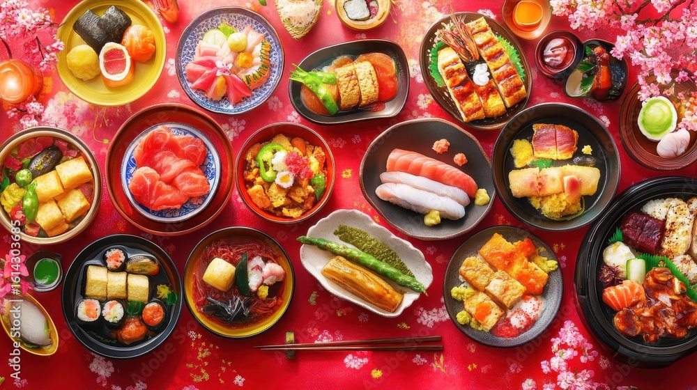 Fototapeta premium Colorful Display of Japanese Cuisine with Assorted Sushi and Sashimi