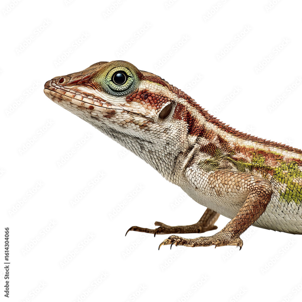Fototapeta premium Png of Close-up of a colorful lizard showcasing vibrant patterns and textures in a striking profile view.