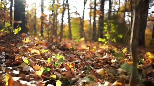 Colorful autumn leaves blowing in the wind across a sunny forest floor in slow motion
