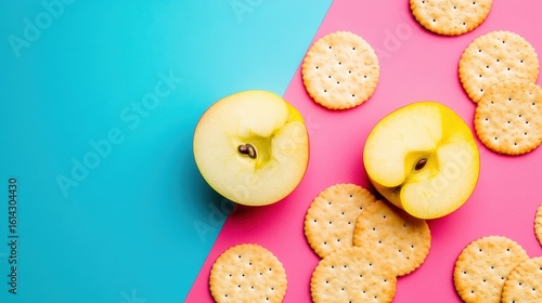 Wallpaper Mural Fresh Apple and Round Crackers on Vibrant Blue and Pink Background Torontodigital.ca