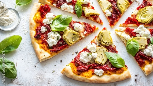 Delicious Slices of Pizza with Sun-Dried Tomatoes and Fresh Basil