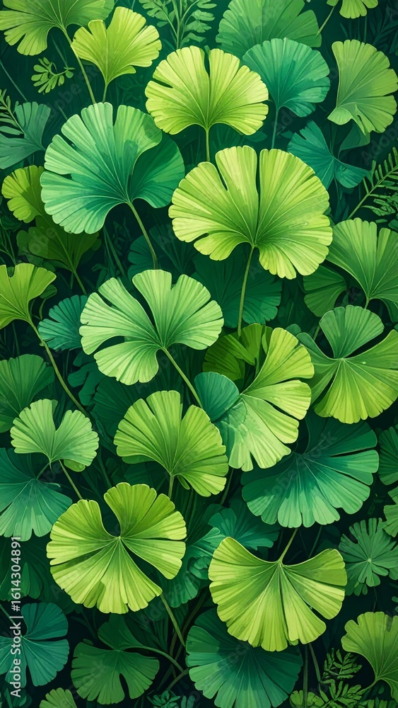 Fototapeta premium Lush Ginkgo Foliage Greenery Serenity Elegant Botanical Vertical Wallpaper Design