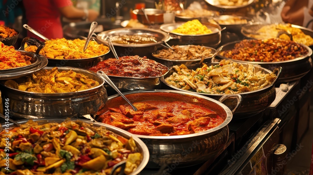 Obraz premium Colorful Variety of Dishes Displayed at a Bustling Food Market