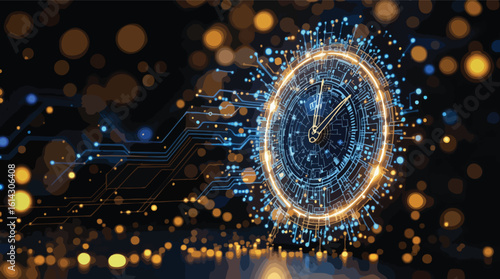 Abstract digital clock representing time technology future innovation data circuits.