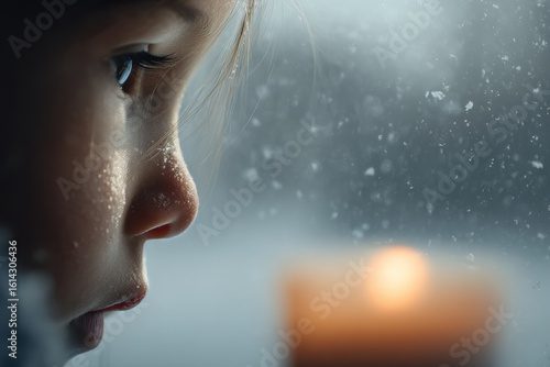 childs eyes sparkle with warm glow of candlelight reflecting hope and innocence