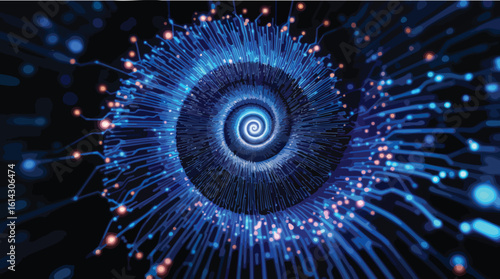 Abstract digital spiral design representing data flow and technological innovation in a futuristic way.