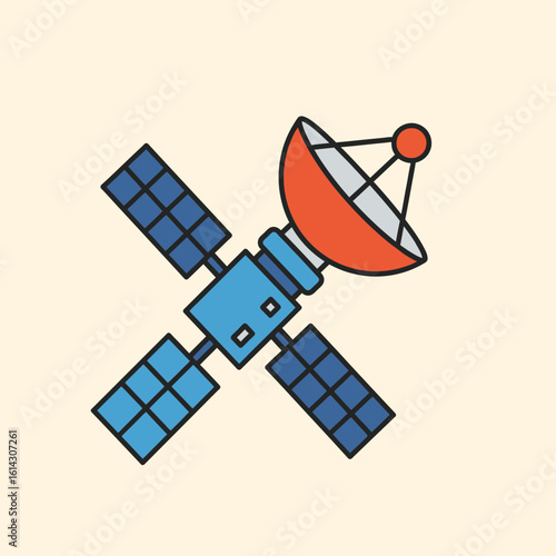 Cartoon satellite with solar panels and antenna against a light background.