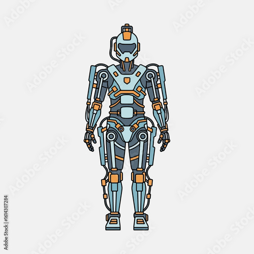 Futuristic robot or cyborg figure stands on a white background.