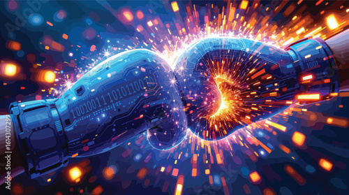 Conceptual illustration of digital technology and binary code represented in boxing gloves colliding.