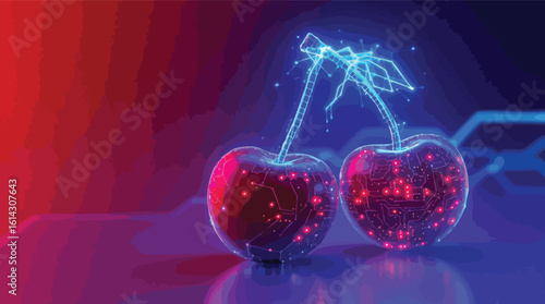 Digital cherries illustration with circuit board design and futuristic artistic rendering.