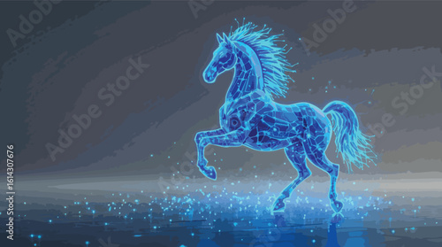 Digital circuit horse illustration featuring dynamic rearing pose and futuristic technology concept.