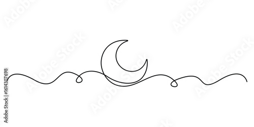 Moon in one continuous line art style. Moon drawing with editable stroke on white background. Doodle vector illustration