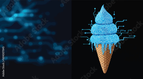 Digital ice cream cone represents technology and modern innovation conceptual illustration.
