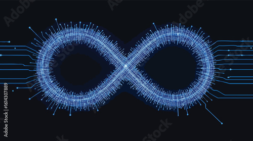 Digital infinity loop concept representing continuous data processing and technological advancement.
