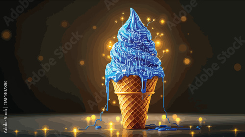 Digital ice cream cone decorated with blue circuit board design and technological concepts.