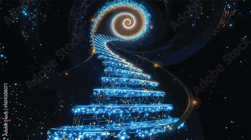 Digital stairway to the cosmos ascending toward a galactic spiral in space.